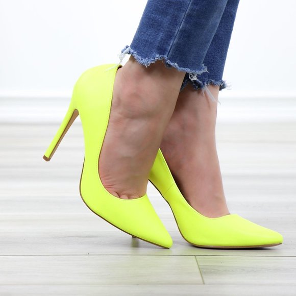 Neon Yellow Faux Leather Pointy Toe High Heels - Picture 4 of 14